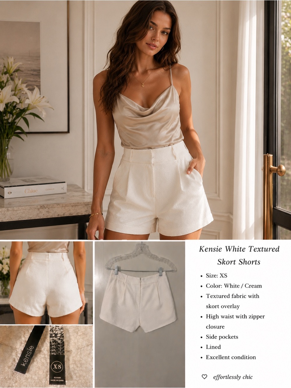 Kensie Cream-White Textured Skort Shorts